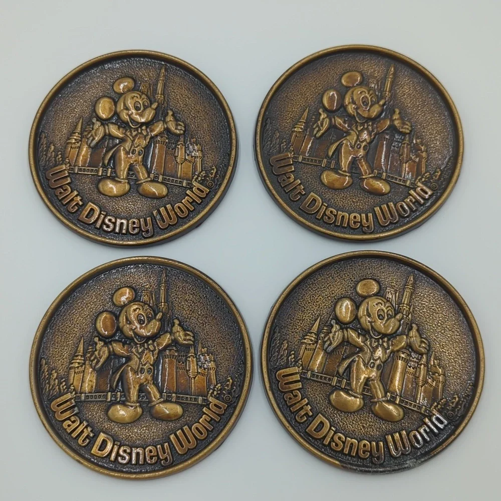 Mickey Mouse Walt Disney World Brass Metal Coasters pack of 4 Round Metal